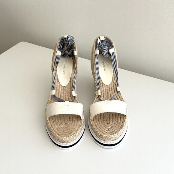 NEW TONY BIANCO Ankle Wrap Espadrille Wedge Sandals in White/Blue Stripe Size 8 - Picture 1 of 12